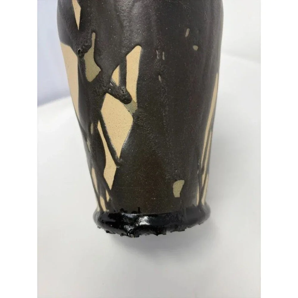 Mid Century Modern Style Art Pottery Vase Black Red Glaze Drip Signed dedicated